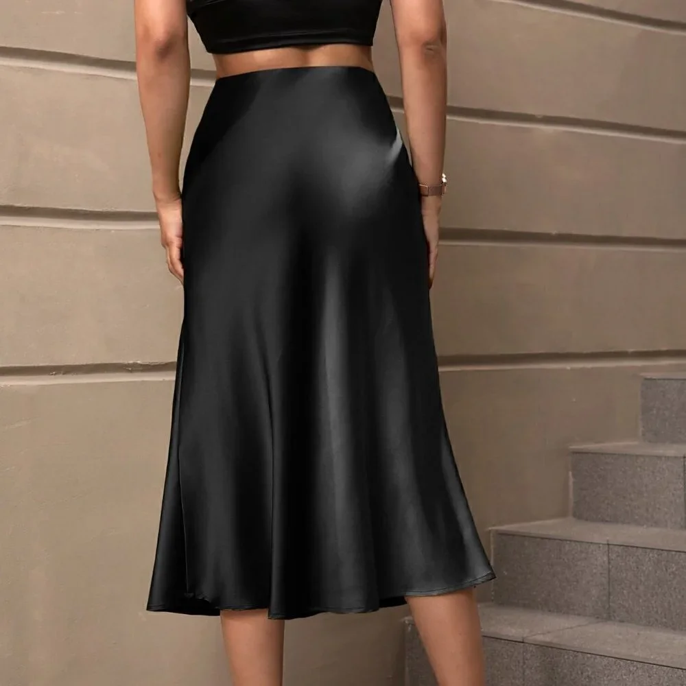 Black Preppy Womens High Waist Satin Skirt